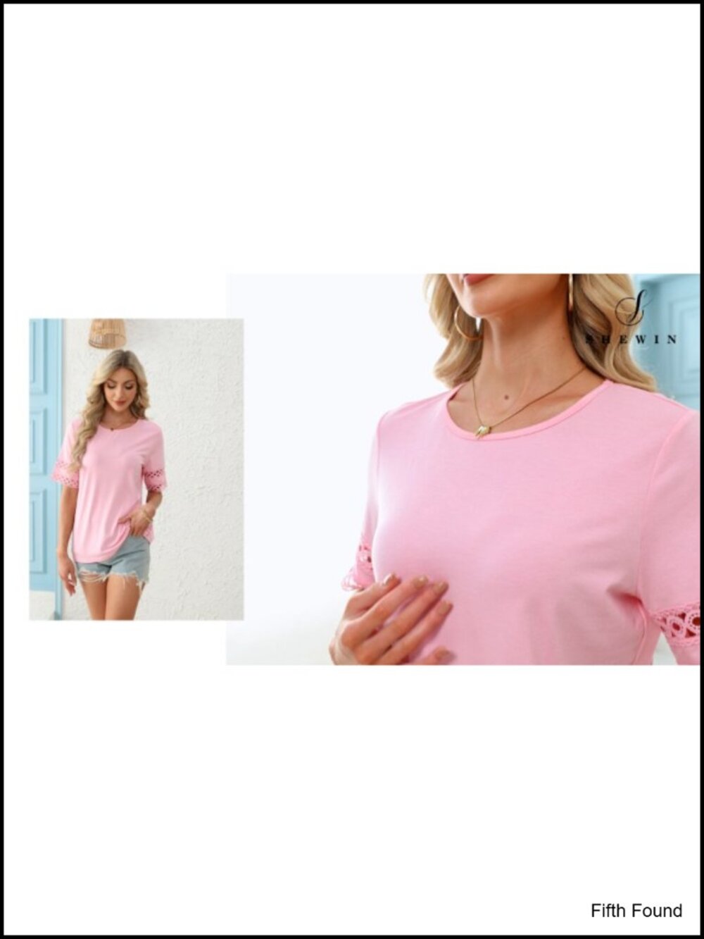 Lace Hollow Out Short Sleeve Crew Neck T-Shirt Blouse - Picture 6 of 6